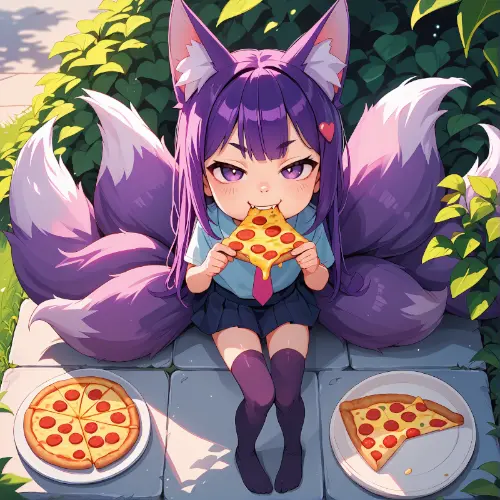 Dexxy eating some cheesy pizza